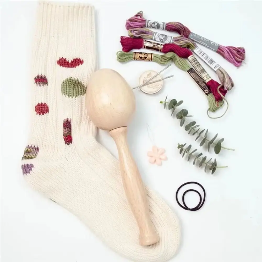 

DIY Crafts Sock Darning Kit Egg/Mushroom Shaped Weaving Loom Darning Egg for Socks Portable Wooden Base Small Looms Weaving Tool