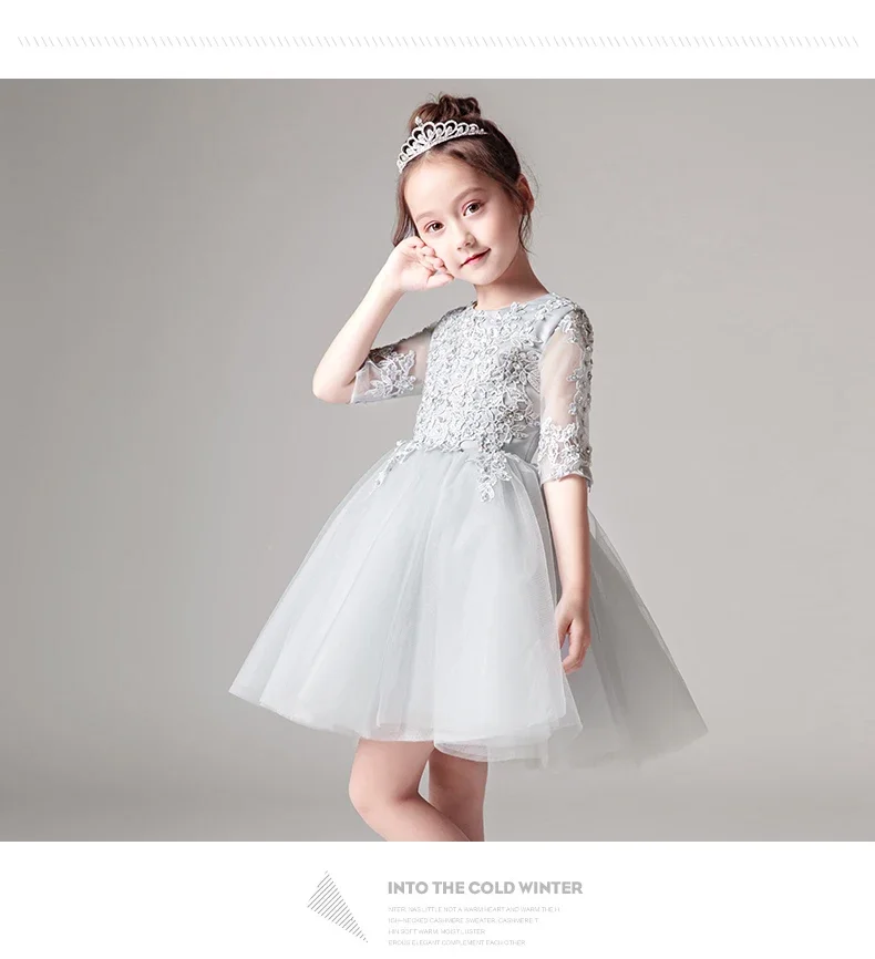 Sequin Girl Pageant Evening Gowns Half Sleeve Gray Tulle Flower Girl Dresses For Wedding Kids First Communion Dresses