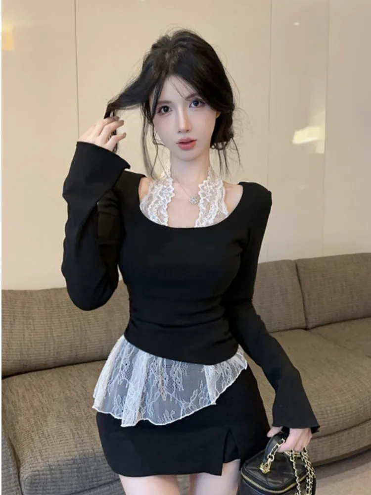 

Irregular Lace Hem Neck Hanging Base T-Shirt Women's Autumn Winter New High-End Slimming Short Inner Wear Top Korean Style