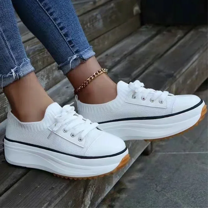 Women's New Sneakers 2022 Spring Stretch Fabric Ladies Lace Up Casual Shoes 35-44 Large-Sized Running Walking Sport Flats