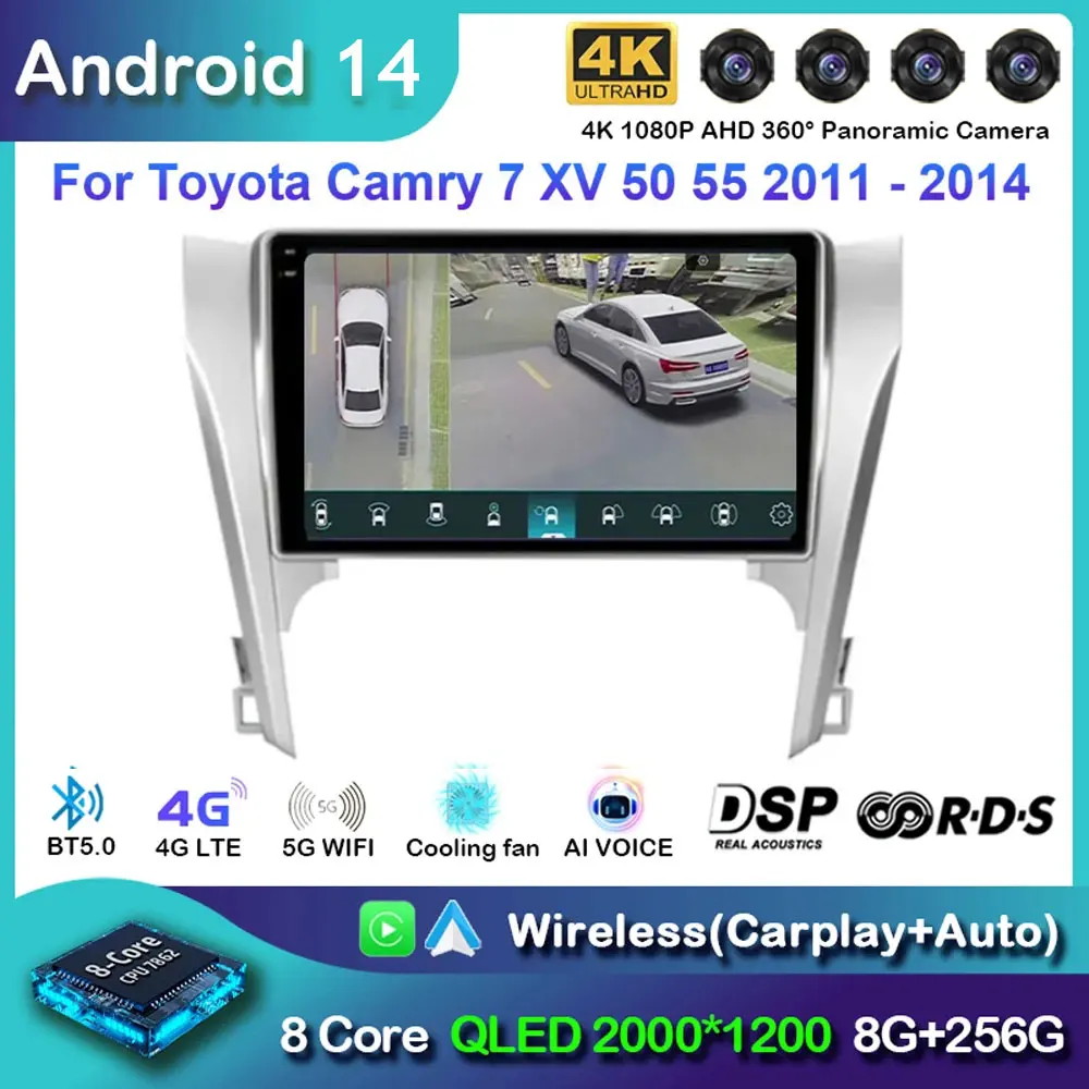 

Автомобильный радиоприемник Android14 для Toyota Camry 7 XV 50 55 2011 2012 2013 2014 навигация GPS мультимедийный плеер стерео BT WIFI + 4G Carplay