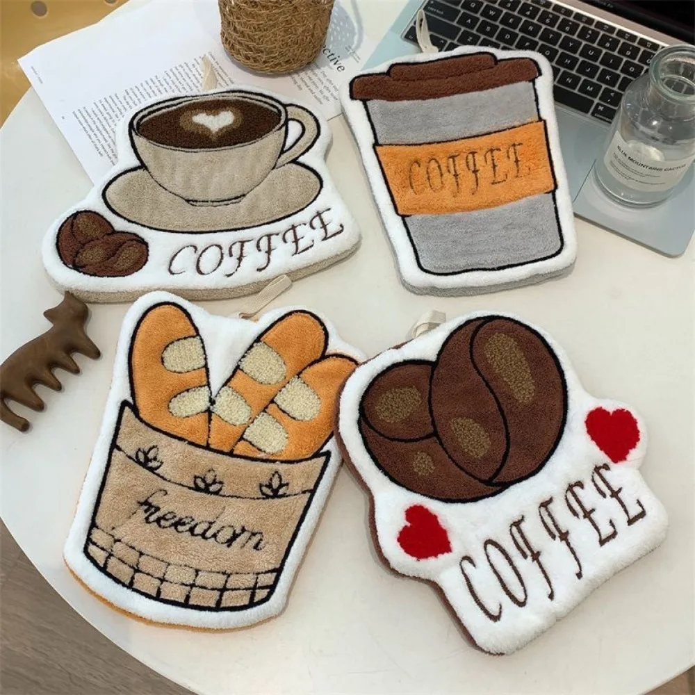 

4Pcs/Set Practical Cartoon Hand Towel Absorbent Soft Bathroom Hanging Towel Thickened Coffee Pattern Kitchen Hand Cloth
