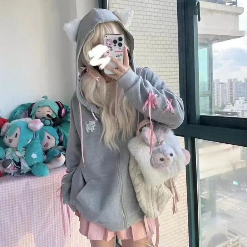 Kawaii Grey Plush Ear Hoodie Tops Women 2024 Autumn Embroidered Sweatshirts Y2k E-Girl Mid-length Zipper Sweatshirt Coats