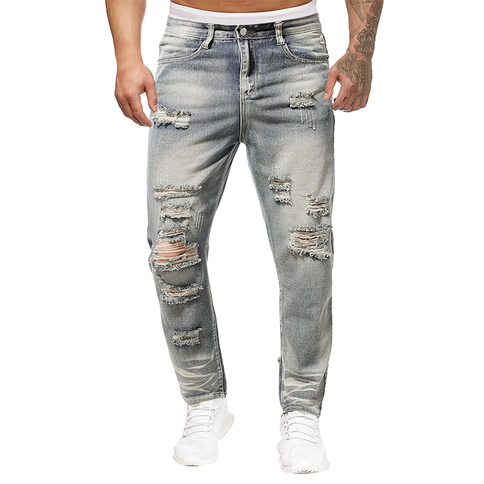 Mens Fashion Casual Straight Hole Buckle Zipper Middle Waist Denim Long Pants Trousers Jean's for Men