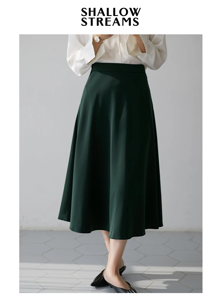 

Slow Strs Retro een High Waist Silk Satin fling Skirt Women's Simple Commute Spring Autumn A-Line Skirt
