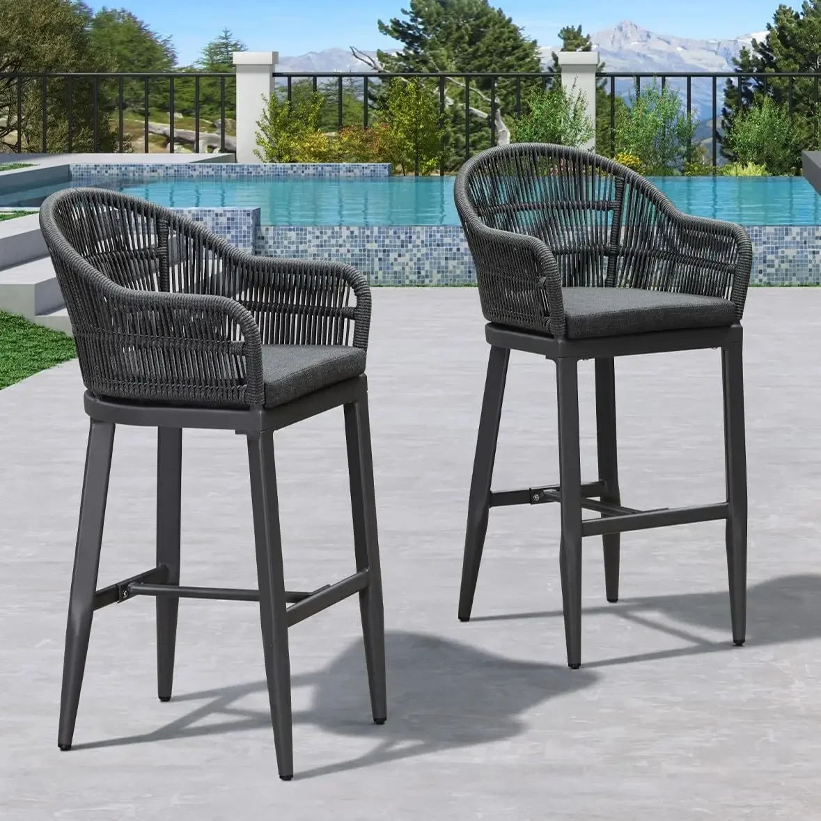 Outdoor Bar Height Stools Set of 2 Patio Metal Modern Wicker Rattan Bar Chairs Woven Aluminum Barstools with Back