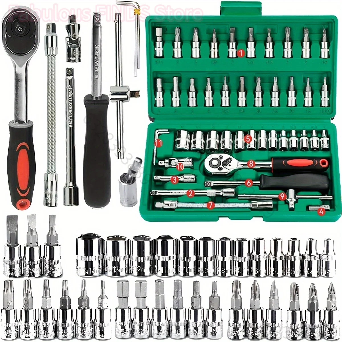 Jeu de douilles d'entraînement 46 pièces, jeu de clés à cliquet de 1/4 pouces avec douilles, jeu de douilles à embout hexagonal métrique, Kits d'outils mécaniques pour réparation automobile Hous