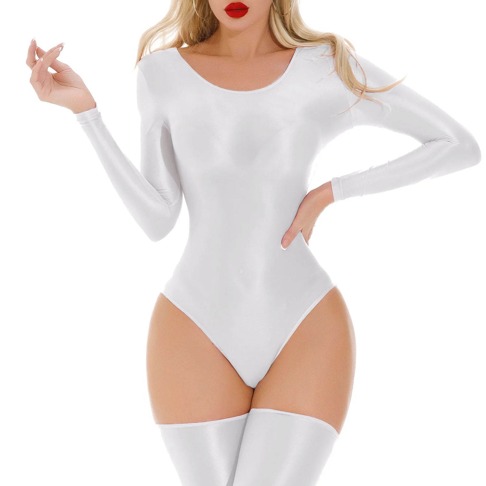 Women Glossy Round Neck Skinny Bodysuit Clubwear Smooth Stretchy Long Sleeve Leotard Jumpsuit Pool Party Swimwear Sportswear