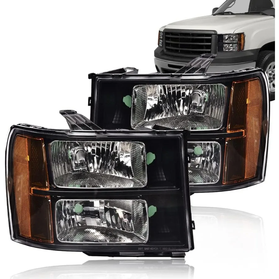 

Фары, совместимые с GMC Sierra 1500 1500 2500HD 3500HD 2007 года, хрустальная фара, прозрачные линзы, черный корпус, янтарный отражатель GM