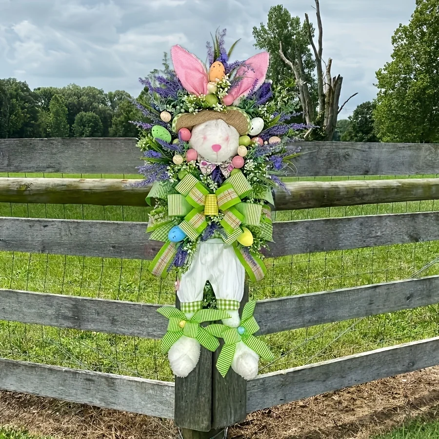 Flat Bunny Wreath with Eggs & Flowers. For Easter, Spring, Mother's Day & Christmas. No Electricity, Durable Decor.