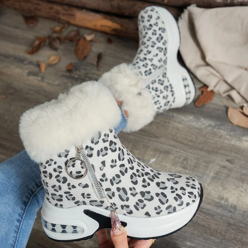 Leopard Women Platform Fur Ankle Boots High Heels Shoes Winter 2025 Trend New Short Plush Warm Casual Sport Snow Botas Mujer