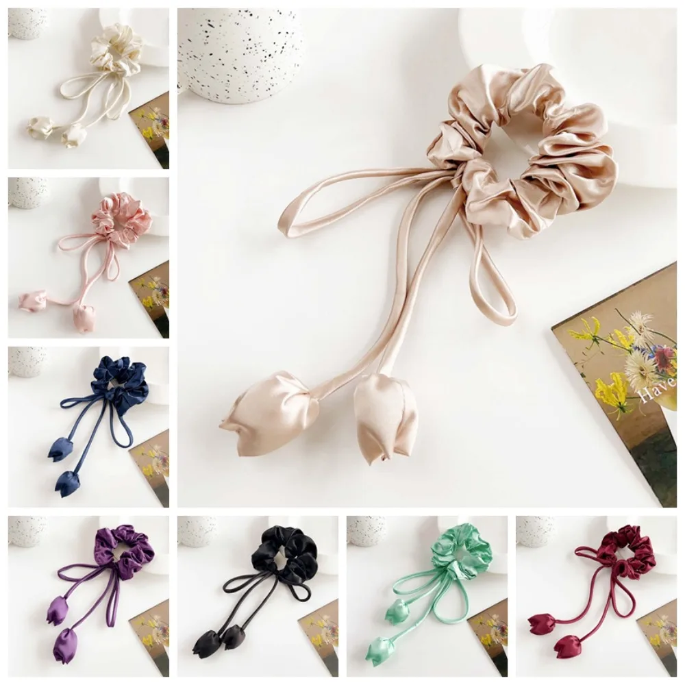 Cloth Satin Hair Band Ponytail Holder Solid Knotted Satin Tulip Flower Hair Rope Intestine Hair Band Korean Hair Ties