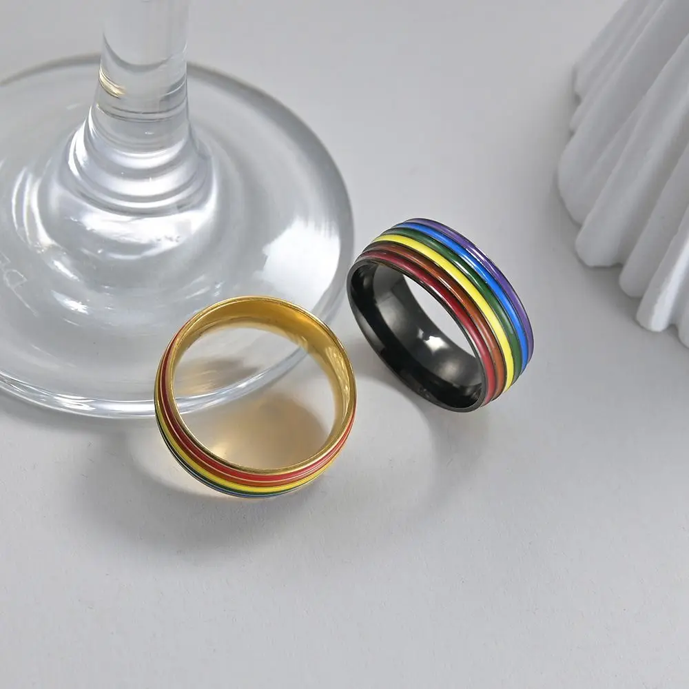 Stainless Steel Multicolour Rainbow Rings Enamel Wide Flat Unisex Couple Rings Thick Comfort fit Finger Knuckle Bands