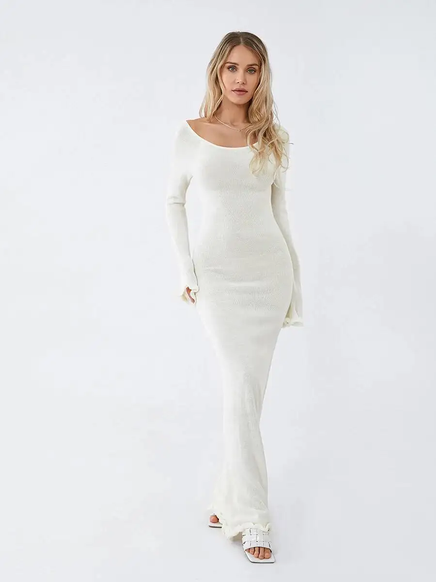 Vestido largo de punto con volantes para mujer, ropa de playa con manga ajustada y lazo, Espalda descubierta, cuello redondo, Color sólido, otoño e invierno