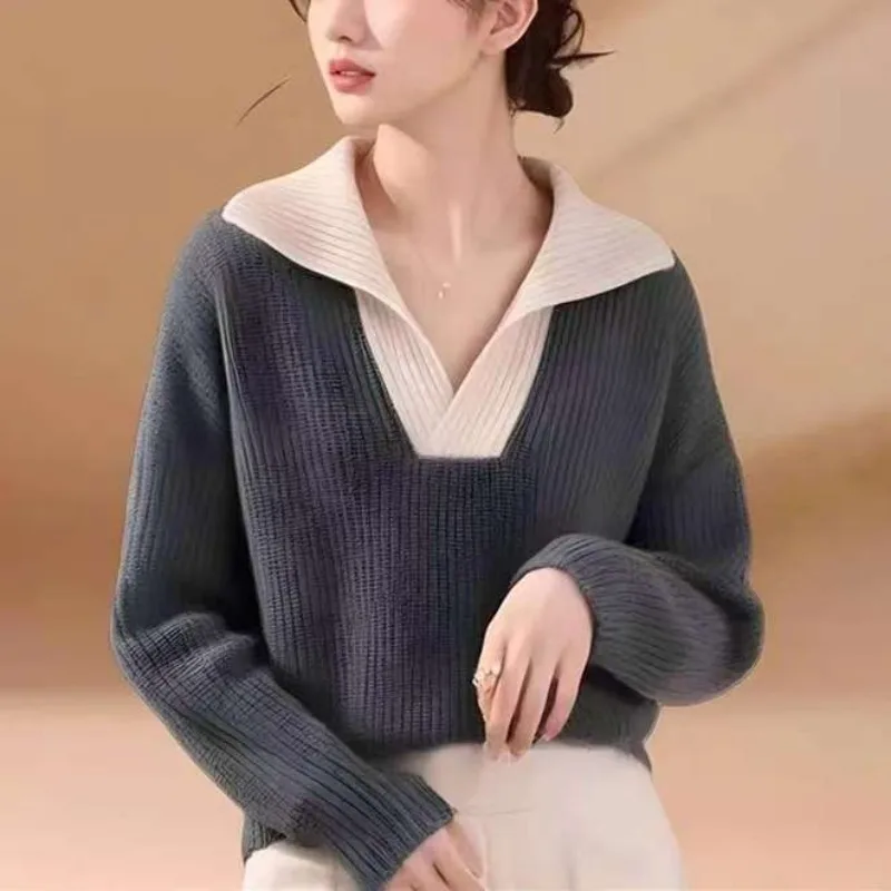 2025 Large Lapel Women's Sweater Color Clashing Knitwear Thicken Top Lazy Loose POLO Collar Comfortable Intercolor Pullover
