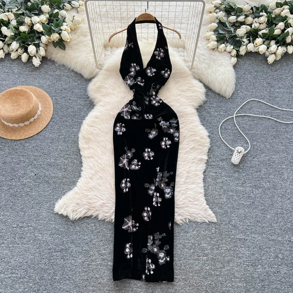 

Сексуальное шикарное платье-карандаш без рукавов с v-образным вырезом и лямкой на шее, винтажное корейское модное вечернее женское платье Fairycore