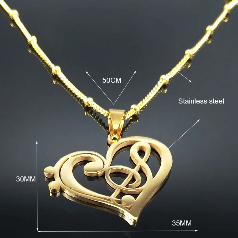 Aesthetic Music Note Heart of Treble Clef Stainless Steel Necklace for Women Men Gold Color Musical Chain Jewelry collar N1135