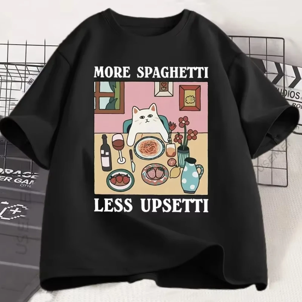 

Лето 2025 г., футболка More Spaghetti Less Upsetti Cat, забавная футболка для любителей кошек, футболка с рисунком еды и юмором для женщин, повседневная свободная футболка с принтом