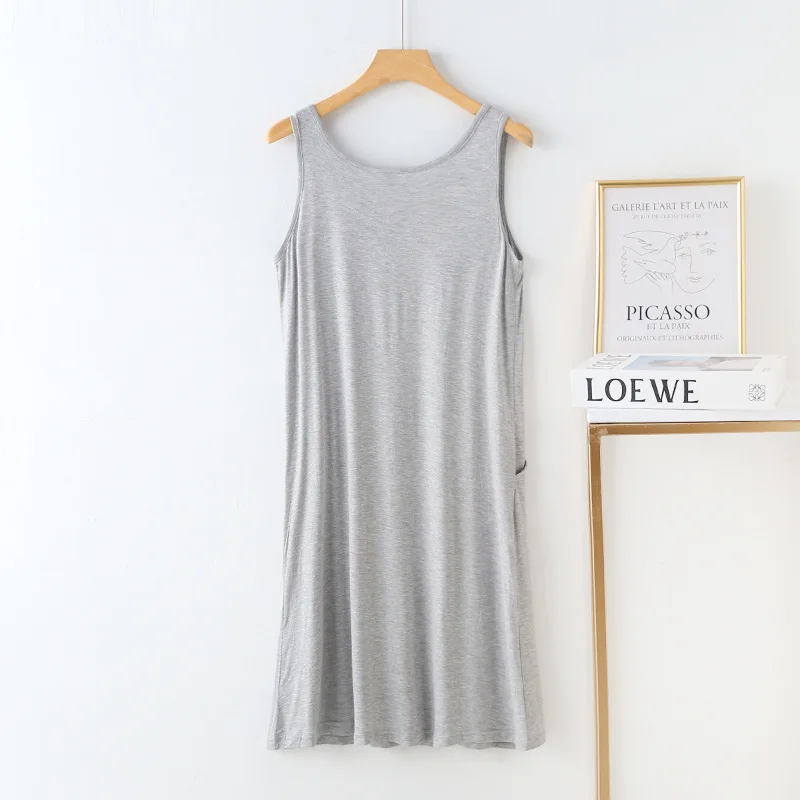 Modal Nightwear Suspender Vest Dress Women's Summer Sleeveless Sleepwear Bottom Skirt Pocket Nightdress A-line Nightgowns