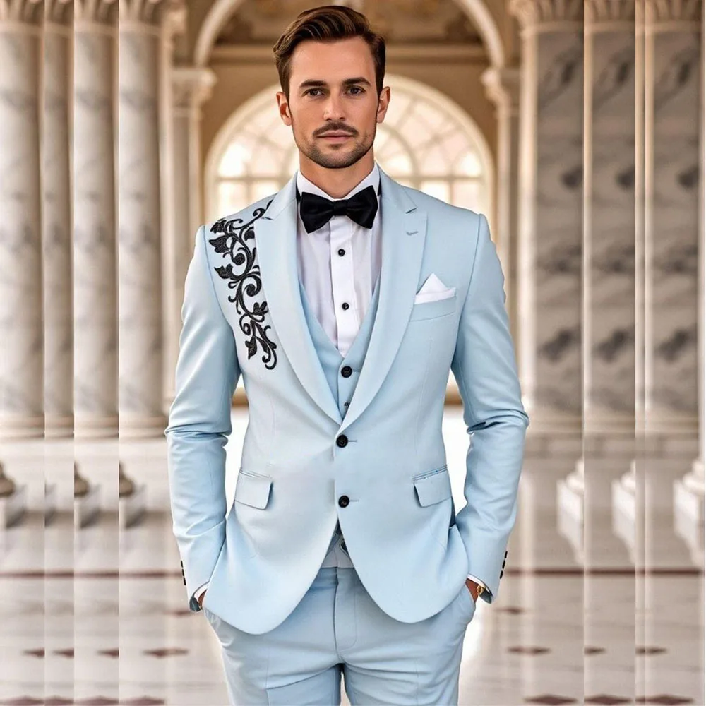 

Elegant Men's Suits 3 Piece Jacket Pants Vest Full Sets High Quality Wedding Groom Male Clothing Appliques Single Breasted Blaze