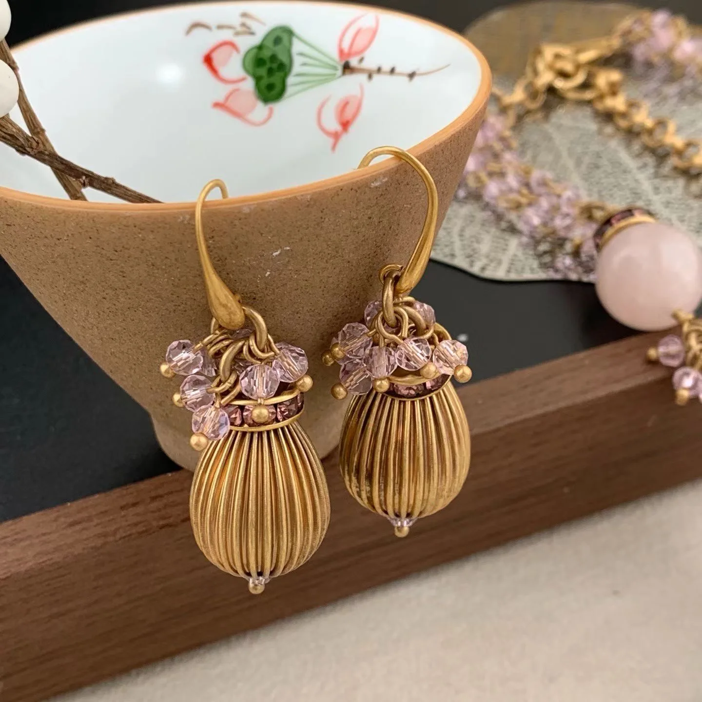 Trendy Vintage Natural powder crystal winding necklace earrings for women's girl gift Party  Jewelry  accessory