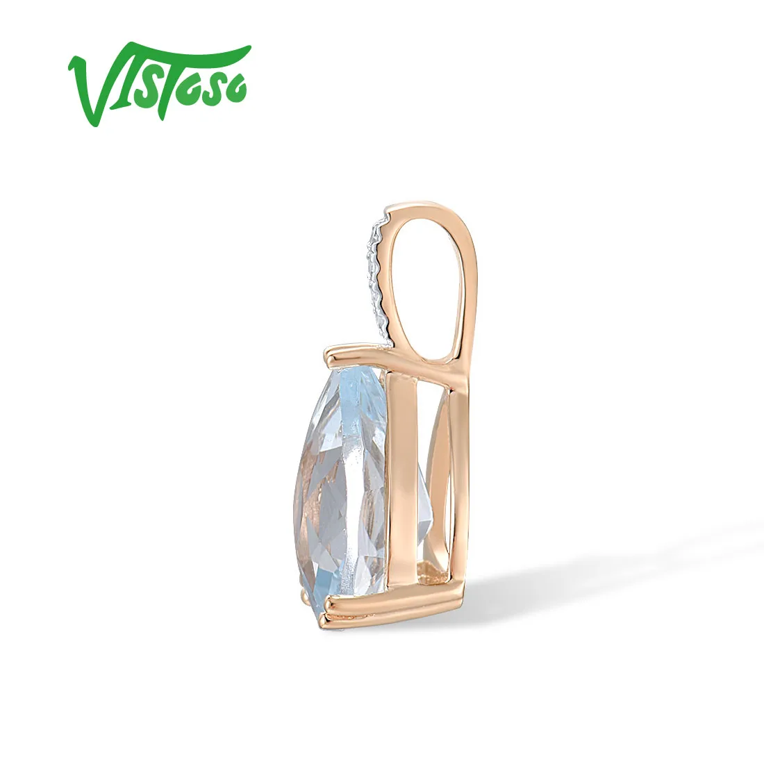 VISTOSO Genuine 14K 585 Rose Gold Pendant For Women Sparkling Pear Shape Natural Sky Blue Topaz Diamonds Daily Fine Jewelry