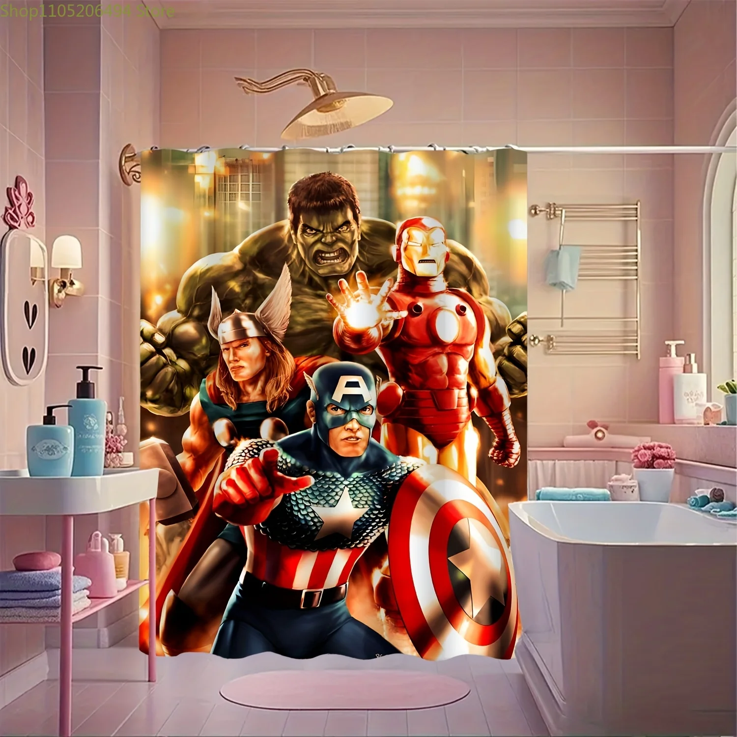 

Занавеска для душа с изображением супергероев Marvel и крючками — яркий полиэстеровый дизайн, подходит для круглогодичного декора ванной комнаты, можно стирать в машине.