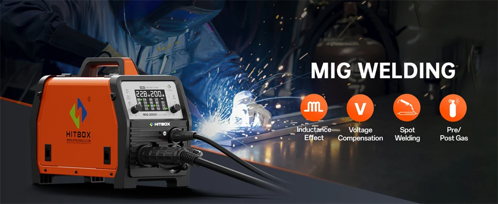 HITBOX MIG-Schweißgerät 220V 200 Ampere 7-in-1 Stick ARC MMA Gaslos/Gas MIG Lift TIG Punktschweißgerät mit Spool Gun, Einzelpuls-Aluminiumschweißgerät, großem LED-Digitalbildschirm und Inverter-Schweißwerkzeug – Detail 6