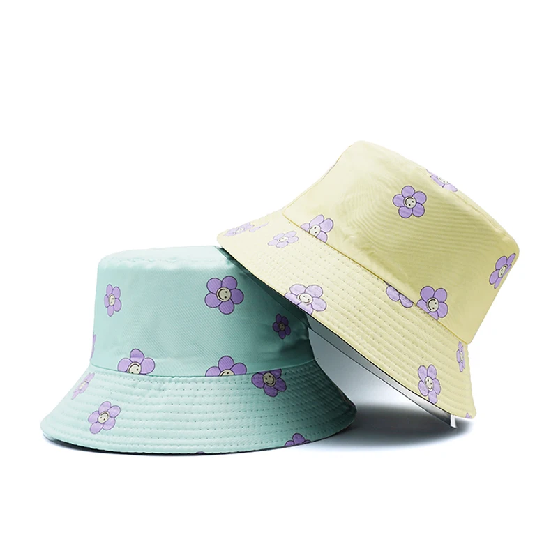 Top Cartoon Flower Bucket Hat Smile Floral Printing Fisherman Hats Girly Double Sides Reversible Panama Caps Travel Outdoor Sun