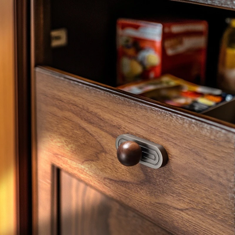 Modern minimalist high-end wardrobe door handle circular drawer cabinet walnut wood handle gray