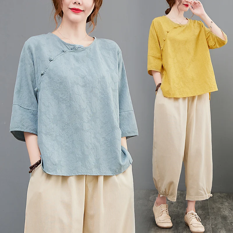 หลวมผ้าฝ้ายผ้าลินินกางเกง Harlan และ irt 2 ชิ้นชุด Faionable ศิลปะปุ่มด้านบนสําหรับ plus ขนาดผู้หญิงชุดลําลอง