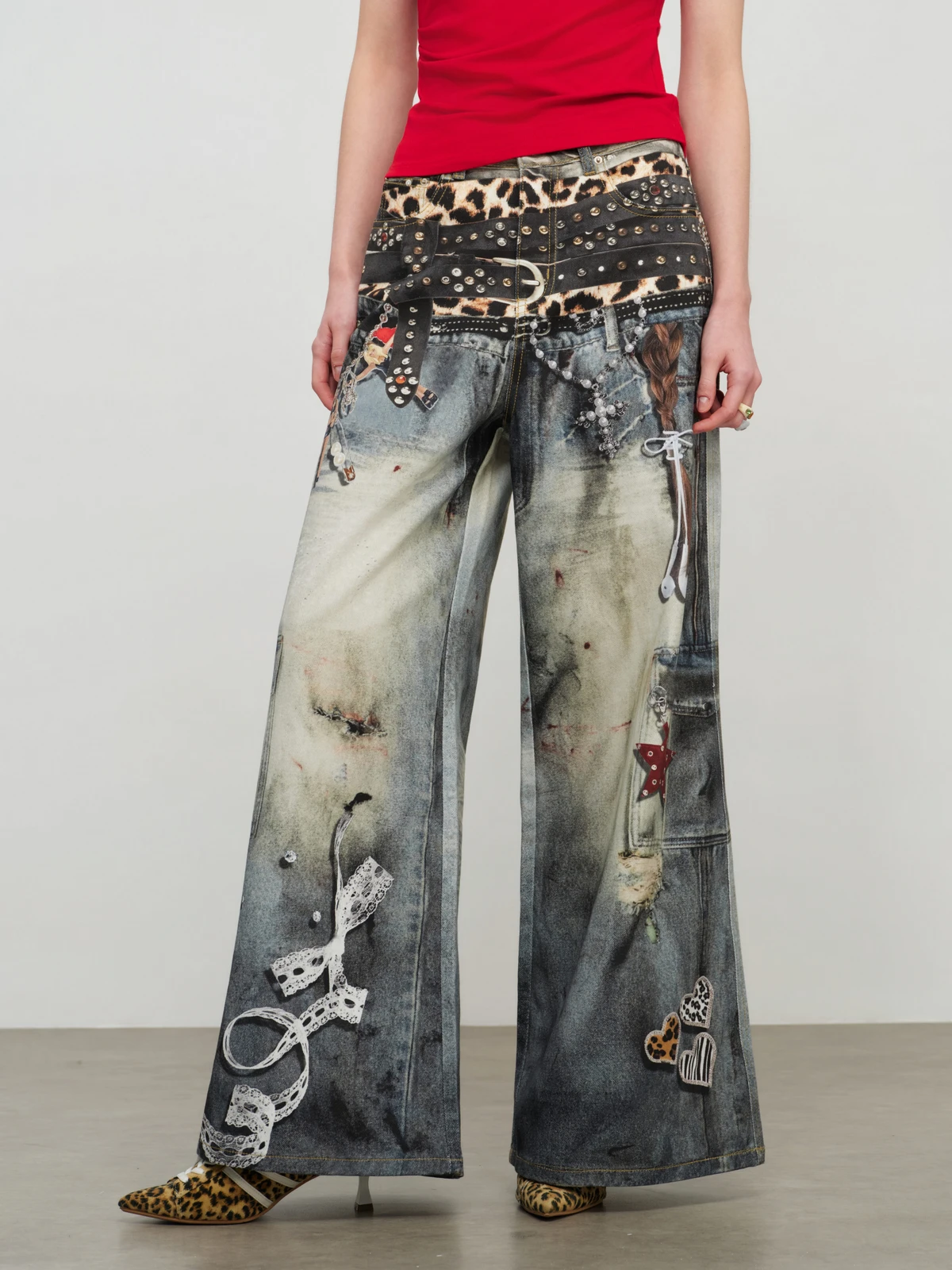 

3D Stereo Print Wide Leg Jeans Versatile Retro Style Cotton Natural Waist Zipper Closure Color Spring Season Unisex Loo...