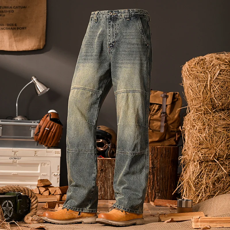 Retro vintage loose straight leg jeans for men's street fashion trend Korean version high-end wide leg pants