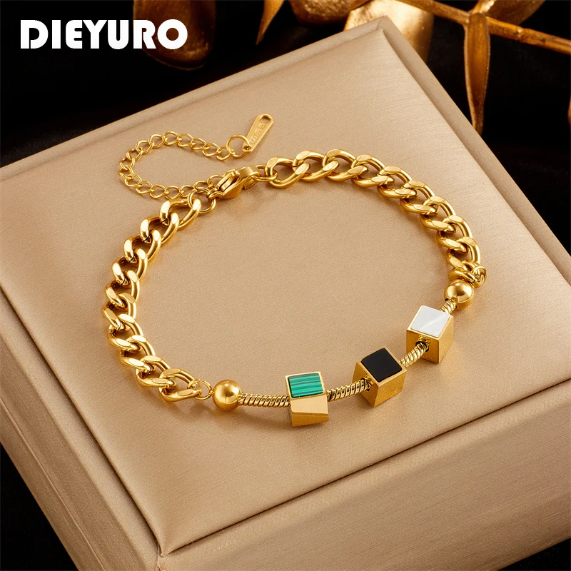 DIEYURO 316L Stainless Steel Square Cube Charm Bracelet For Women New Trend Girls 3-Color Wrist Chains Jewelry Birthday Gifts