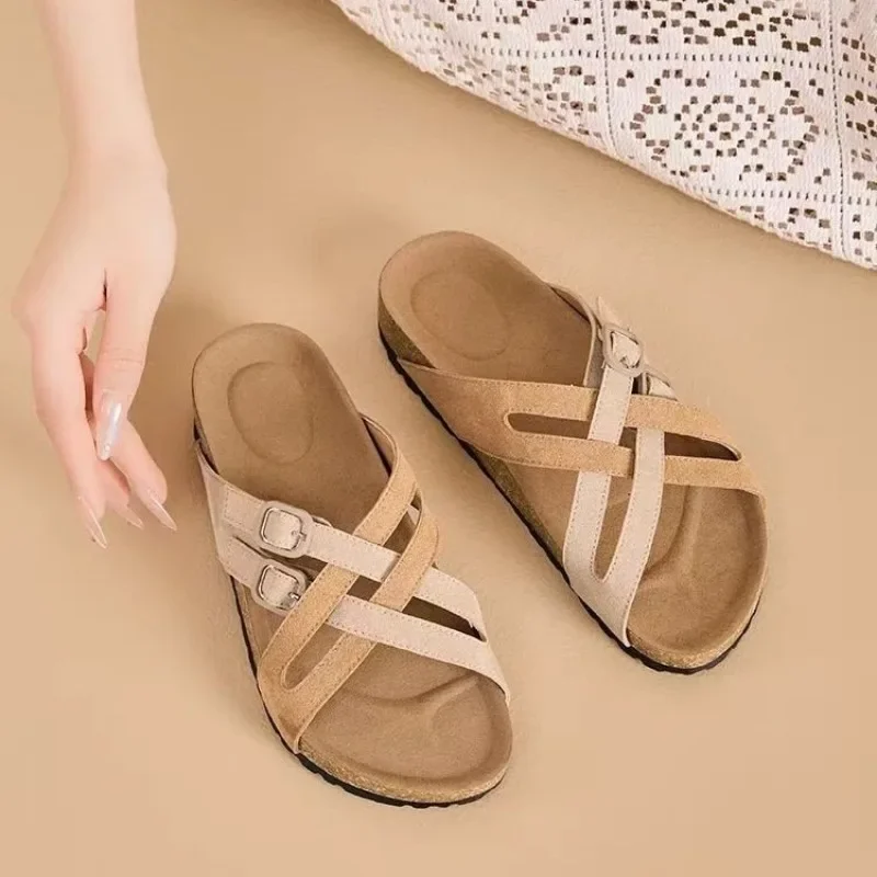 

Outside Slippers Women's Summer New Round Toe Open Toe Versatile Retro Cross with Metal Buckle Flat Bottom Cool Mop