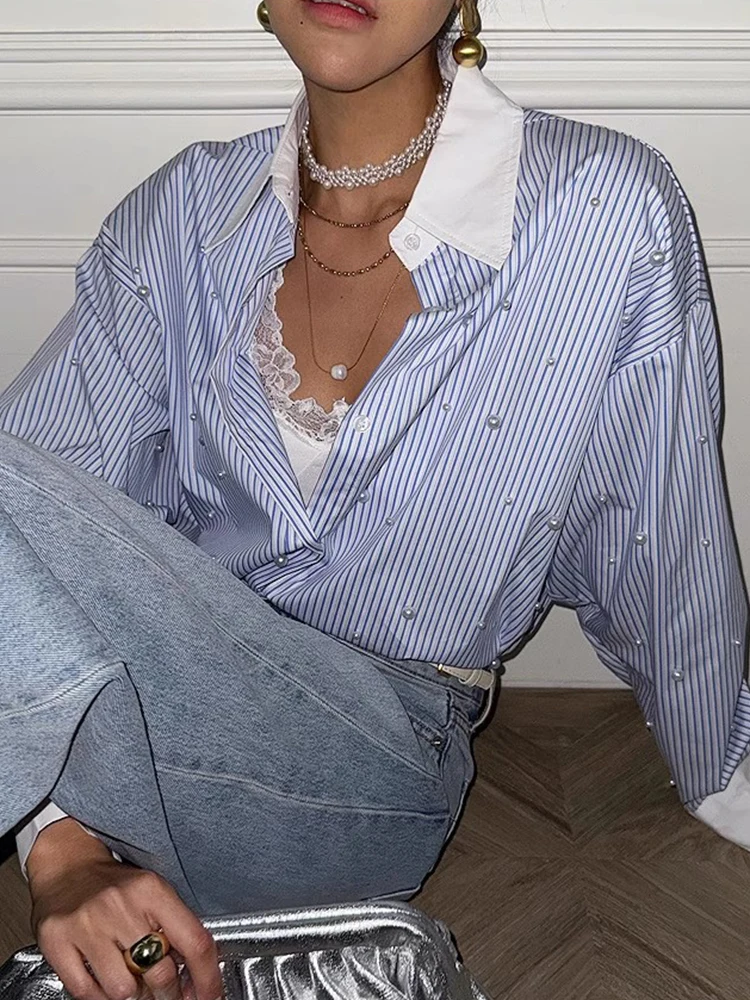 女性用ルーズ長袖ストライプシャツヘビー刺繍春の新スタイル多用途デザインカジュアルファッションポリエステル繊維