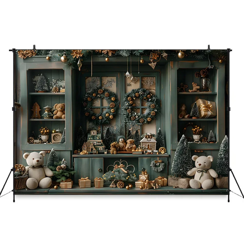 Christmas Photography Background Winter Family Photo Studio Green Wooden Room Backdrop Garland Window Bear Gift Xmas Tree Props