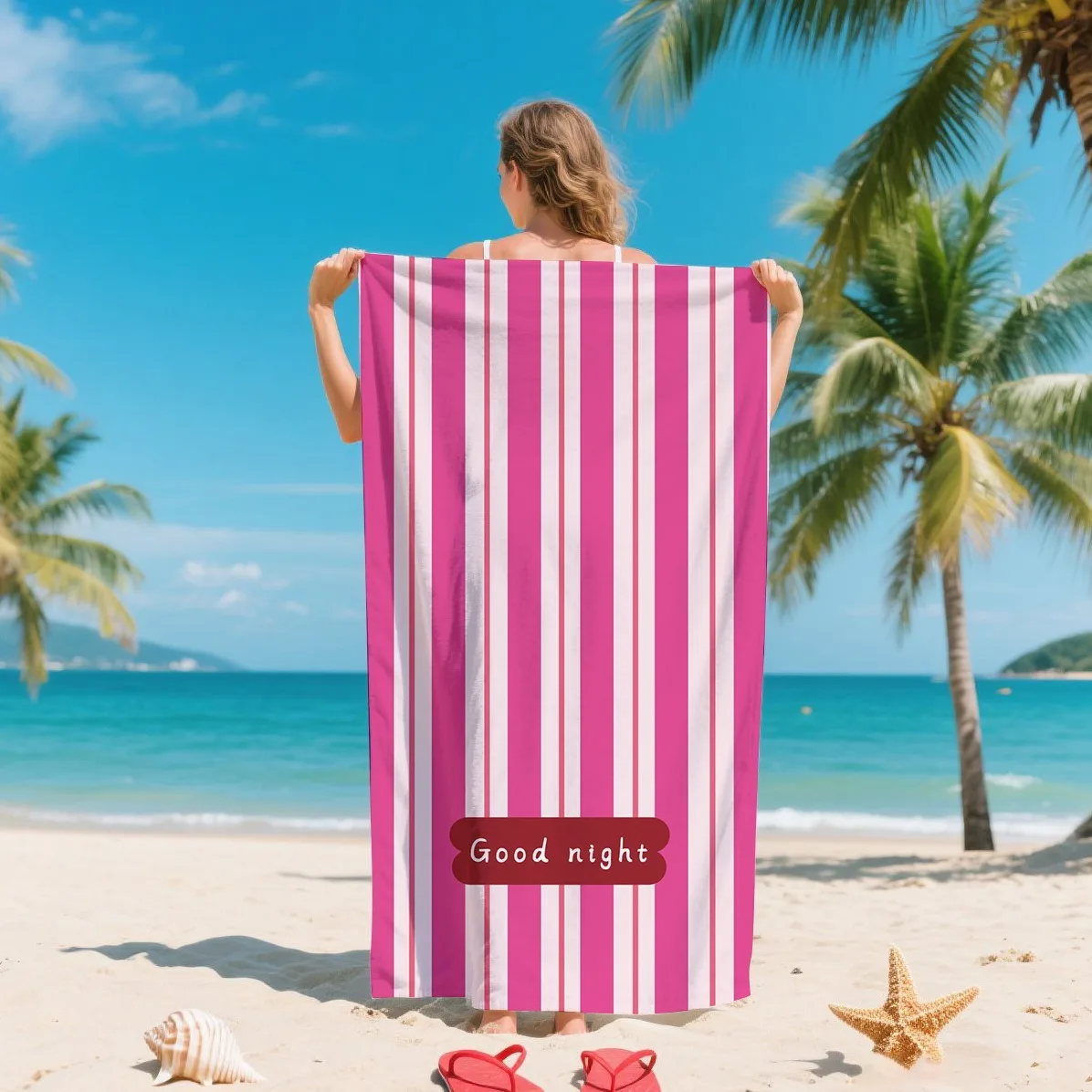

Pink White Striped Beach Towel Good Night Print Polyester Bath Towel Oversized Quick Dry Sand Free Summer Pool Vacation Blanket