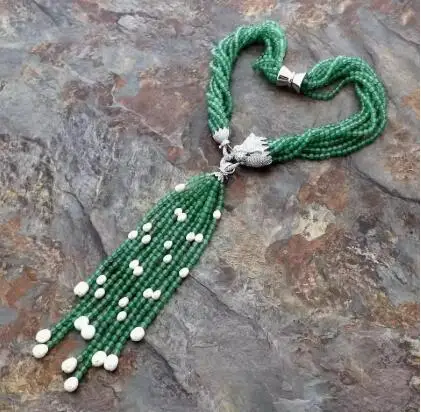 8Strands white freshwater pearl green jade necklace micro inlay zircon accessories leopard head Clasp Tassel pendant