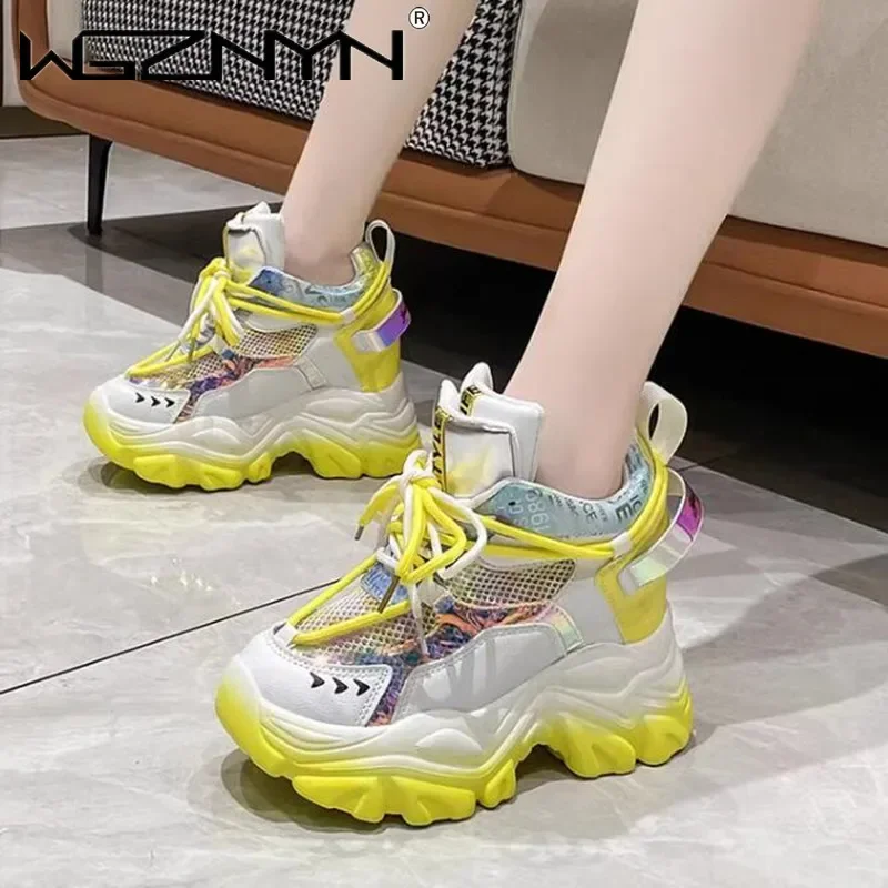 9.5CM Women Chunky Sneakers Hidden Heels Ladies Wedge Casual Shoes High Platform Autumn Breathable Mesh Shoes Women Dad Sneakers