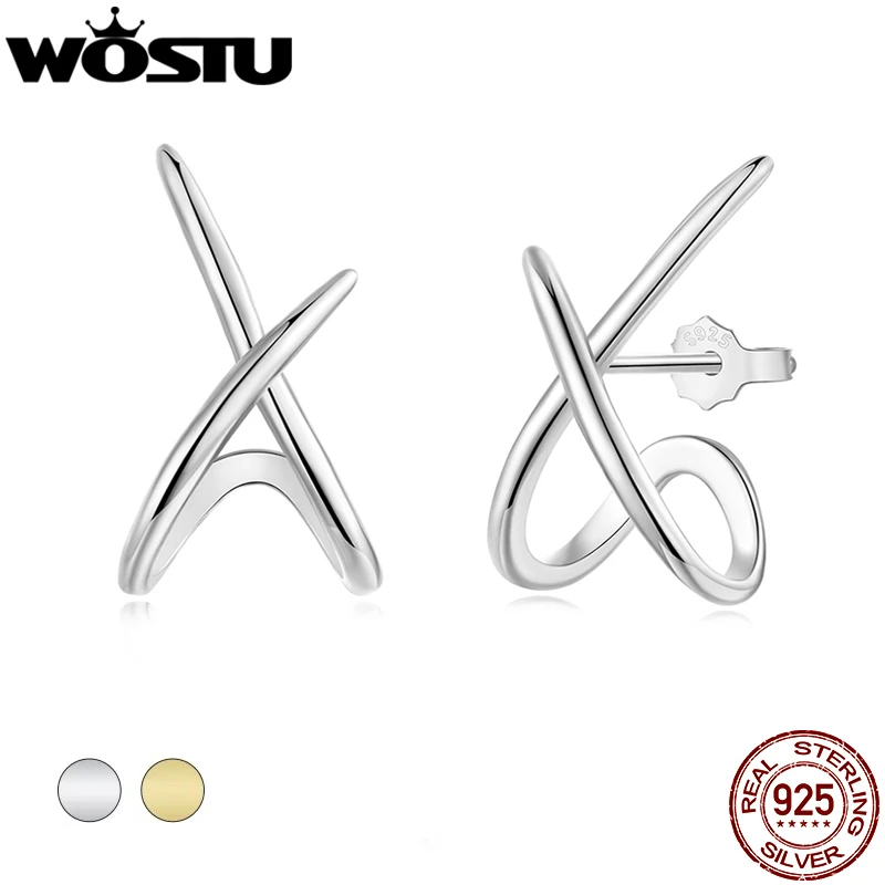 

WOSTU Simple Geometric Wedding Earrings 925 Sterling Silver 18K Gold X Style Stud Earring Studs Lady Metal Fashion Jewelry Gift