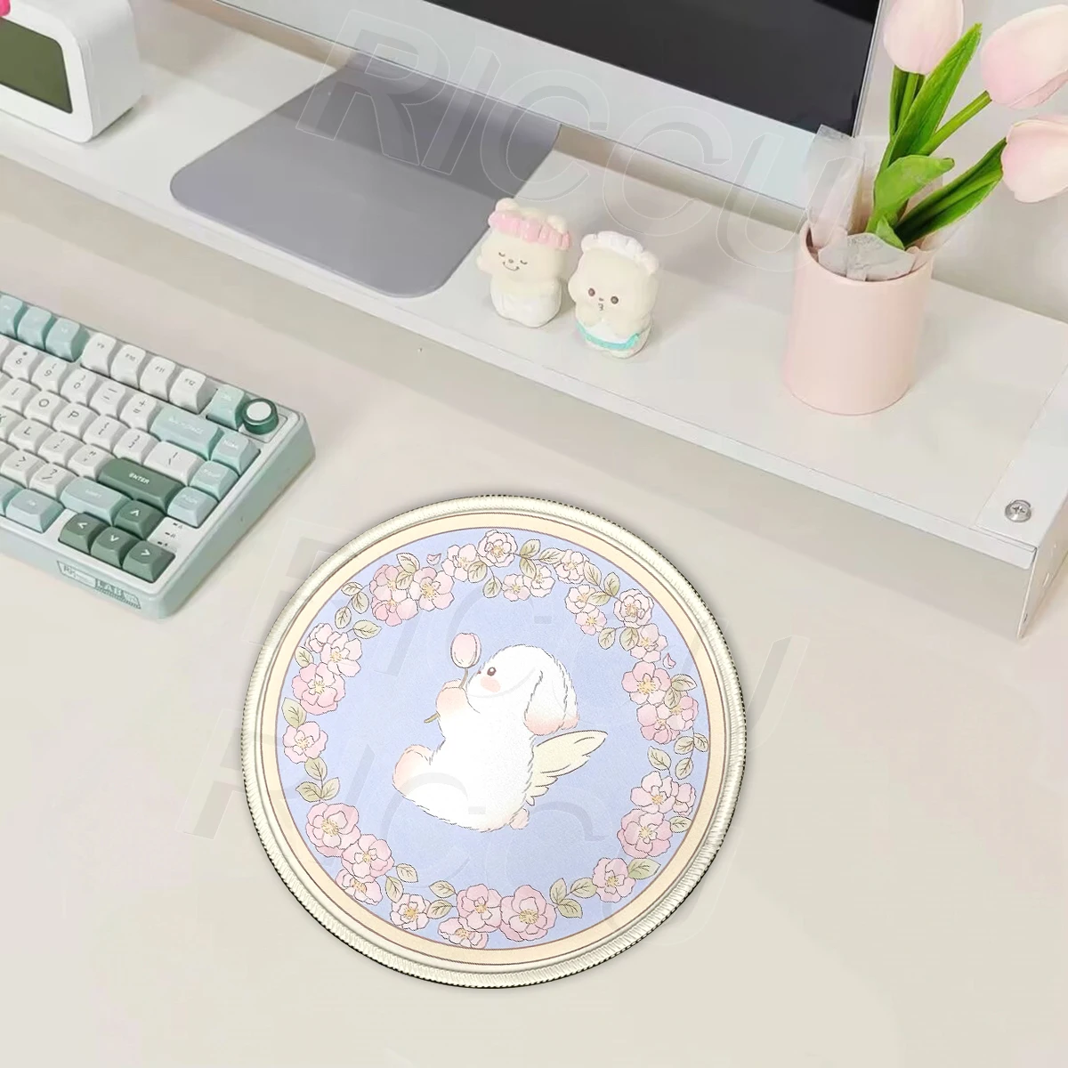 Flower Mouse Pad Cute Rabbit Mousepad Office Accessories Rubber Anti Slip Base E-sports Table Pad Home Decoration Round Desk Mat