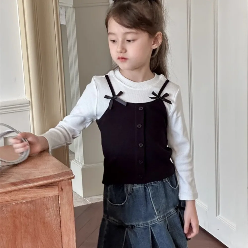 لطيف الكورية نمط كاذبة قطعتين أعلى الأميرة أنيقة طويلة الأكمام تي شيرت القوس قاعدة قميص الفتيات ارتداء