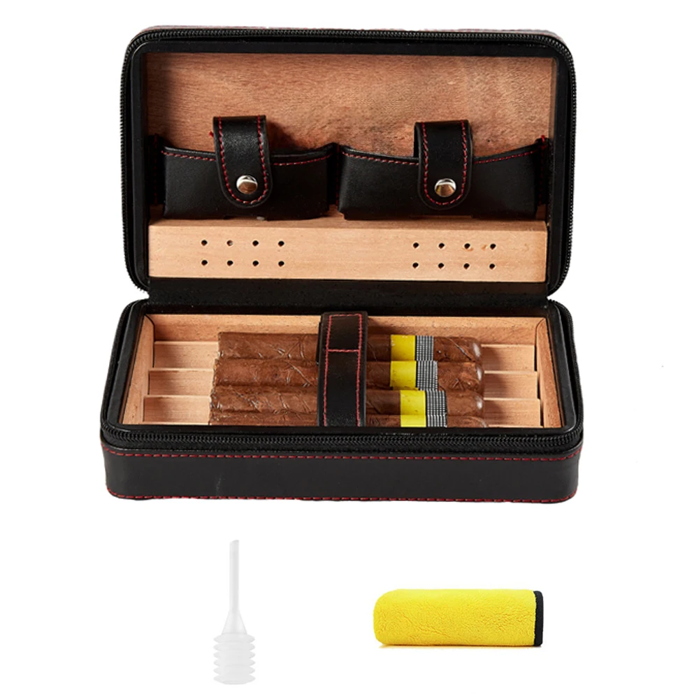 Cedarwood Cigar Case Travel Leather Cigar Box Storage of 4 Cigar Humidor Kit Portable Cedarwood Humidifying Holder Accessories