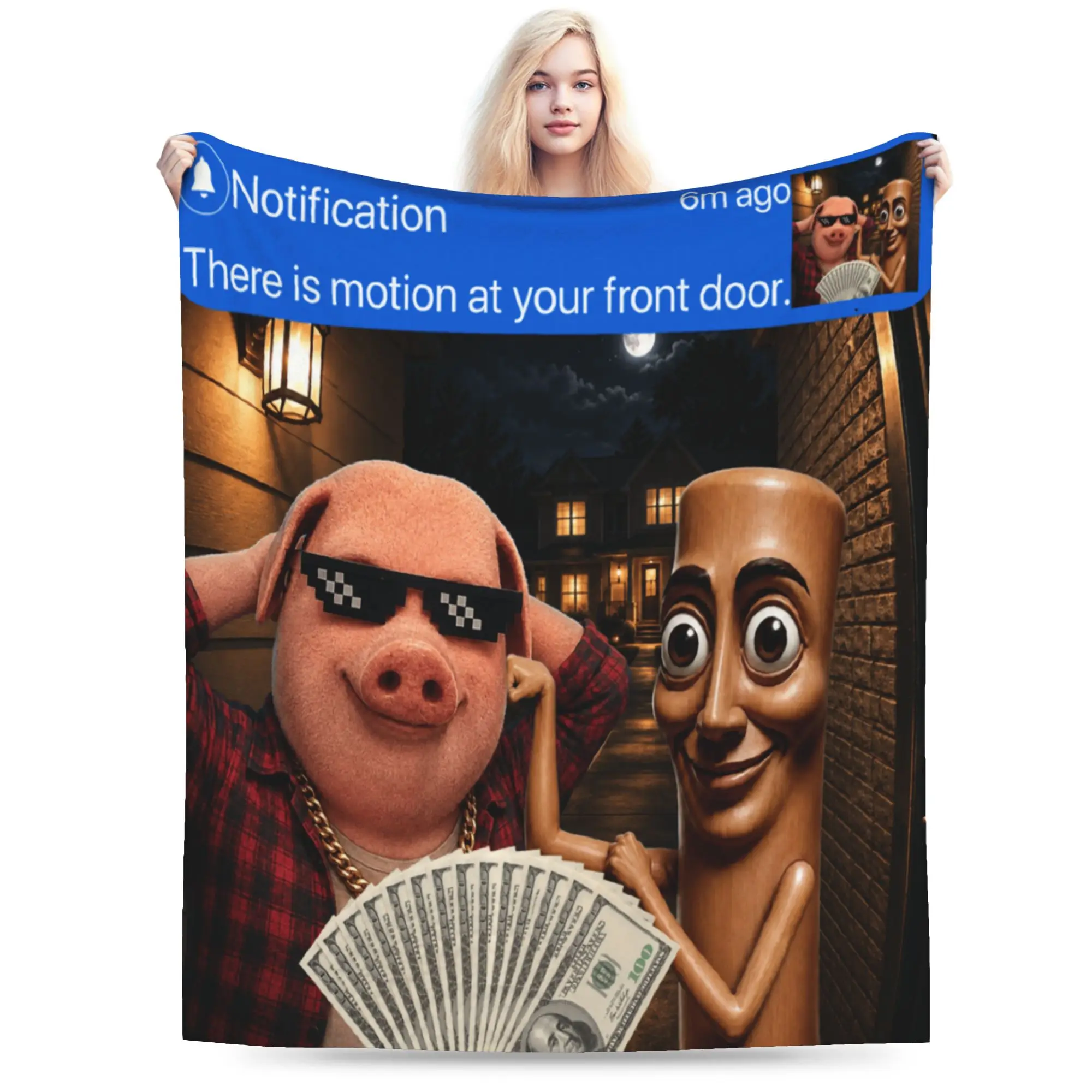 There is Motion at Your Front Door Tung Tung Tung John Pork Blanket Warm Cozy Throw Blanket Winter Camping Outdoor Bedspread