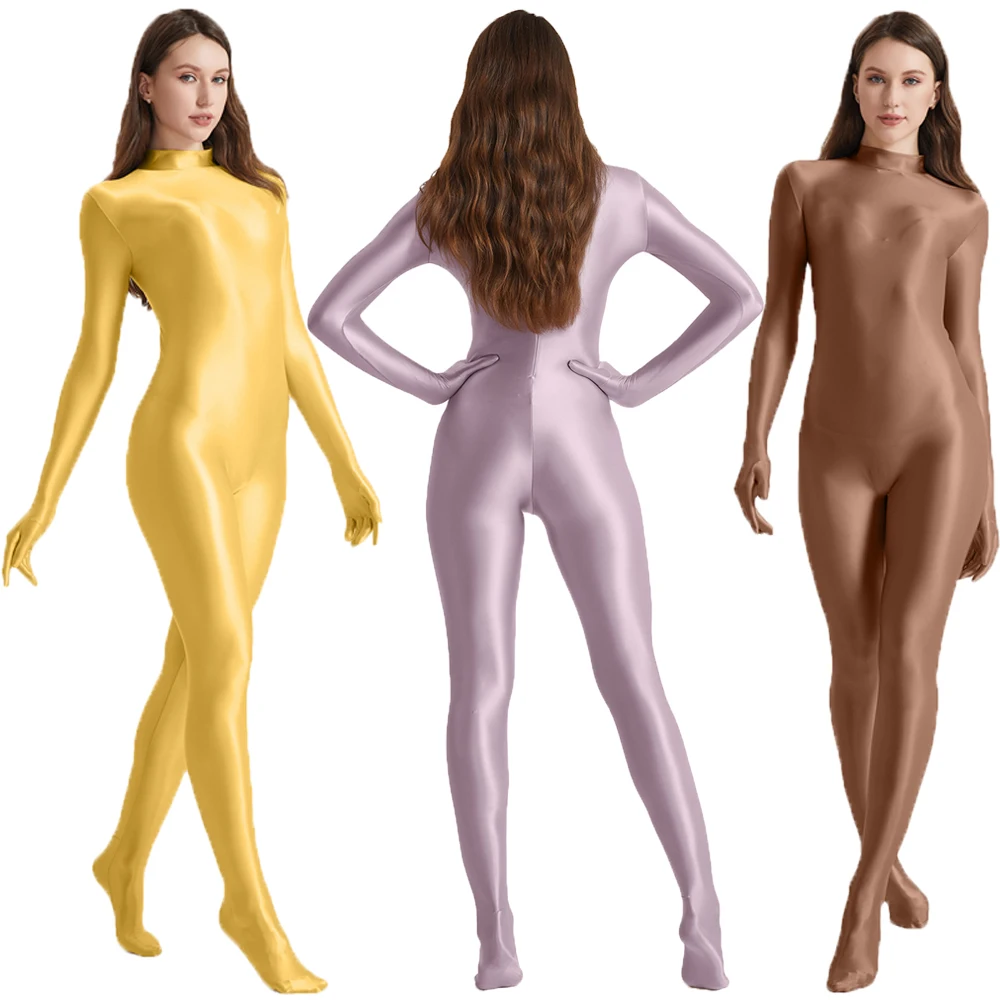 Women Oil Stretch High Neck Bodycon One Piece Jumpsuit Long Sleeve Gloves Zentai Overalls Yoga Fitness Cosplay Costumes Bodysuit