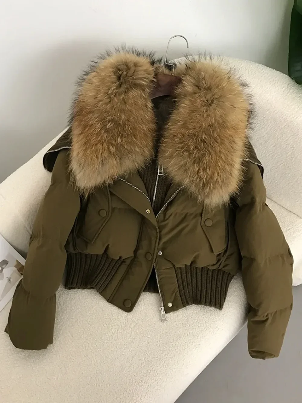 2024 Natural Real Raccoon Fur Collar Winter Women White Duck Down Short Jacket Female Thick Warm Coat Luxury Outerwear