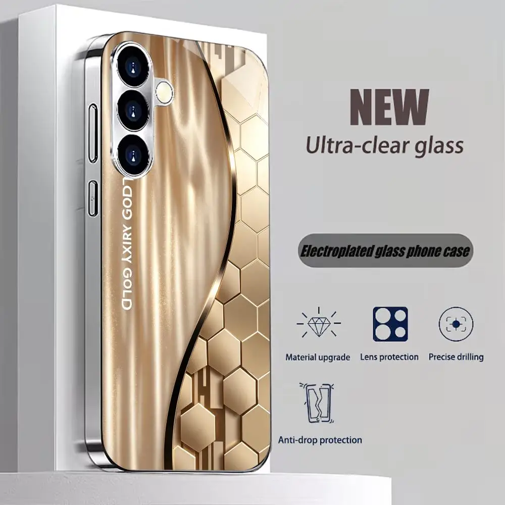 Golden Hexagon Curve Electroplated Glass TPU phone case for Samsung Galaxy S26 S25 S24 S23 S22 S21 FE,Ultra,Plus Drop resistant