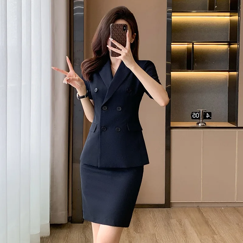 Navy Blue Suit Women's Spring and Autumn Business Wear Temperament Goddess Style Workwear Short Sleeve Suit Jacket Overalls Summ