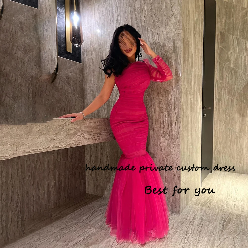 

Hot Pink Tulle Mermaid Evening Dresses One Sleeve Arabian Dubai Prom Dress Floor Length Formal Dress for Women 2024